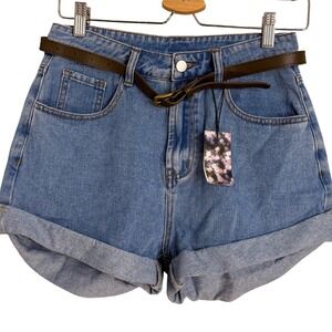 CIDER High Waisted Denim Shorts Belted Rolled Cuff Blue Medium